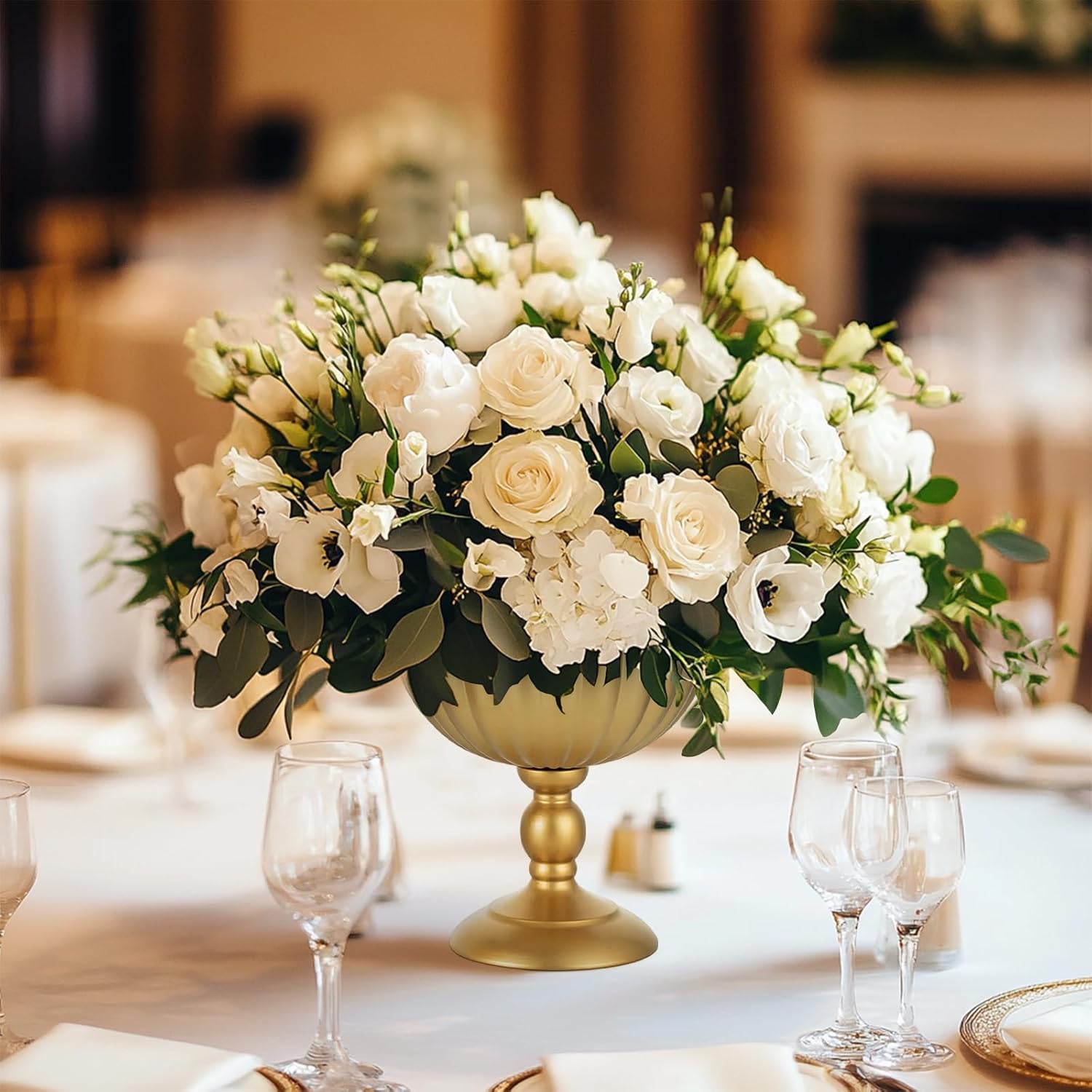 Sziqiqi Urn Vase for Wedding Centrepiece: 7.9in Gold Compote Bowl Vase Table Decorations - Floral Arrangement Pots Set of 10 - Metal Decorative Vases for Party Reception Dinner Table-VerdiqueGarden