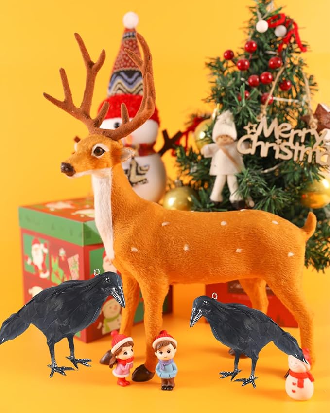 Hanging Dead Crows, 13 Inches Life-Size Raven, Realistic Handmade Fake Decoy for Garden Christmas Halloween Decorations [Face Up+Face Down+Stand] 2PC-VerdiqueGarden