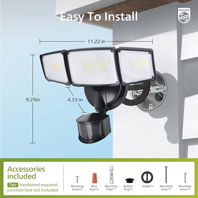 Philips 72W 7400LM LED Security Lights w/PIR Motion Sensor Outdoor, 5000K Daylight Dusk to Dawn Aluminum Flood Light, 3 Adjustable Heads, Waterproof for Garage, Yard, Porch-VerdiqueGarden