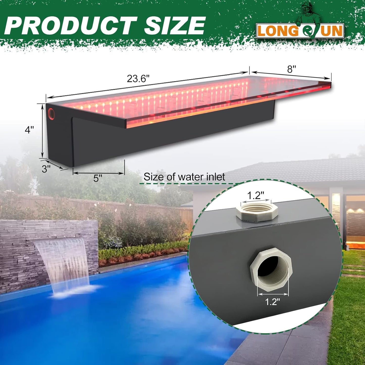 LONGRUN Waterfall Spillway, APP Control Multi-Color LED Light Outdoor Pool Fountain, Acrylic Water Spillway Koi Pond Waterfalls Fountains Kit for Garden Patio Swimming Pool Decoration-23.6"-VerdiqueGarden