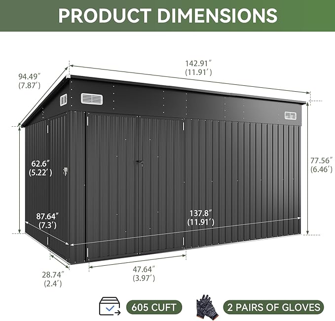 Aoxun 12' x 7.3' Shed 441 CU.FT Outdoor Waterproof Storage Shed with Triple Lockable Door Garden Metal Tool Shed for Outside (Black)-VerdiqueGarden
