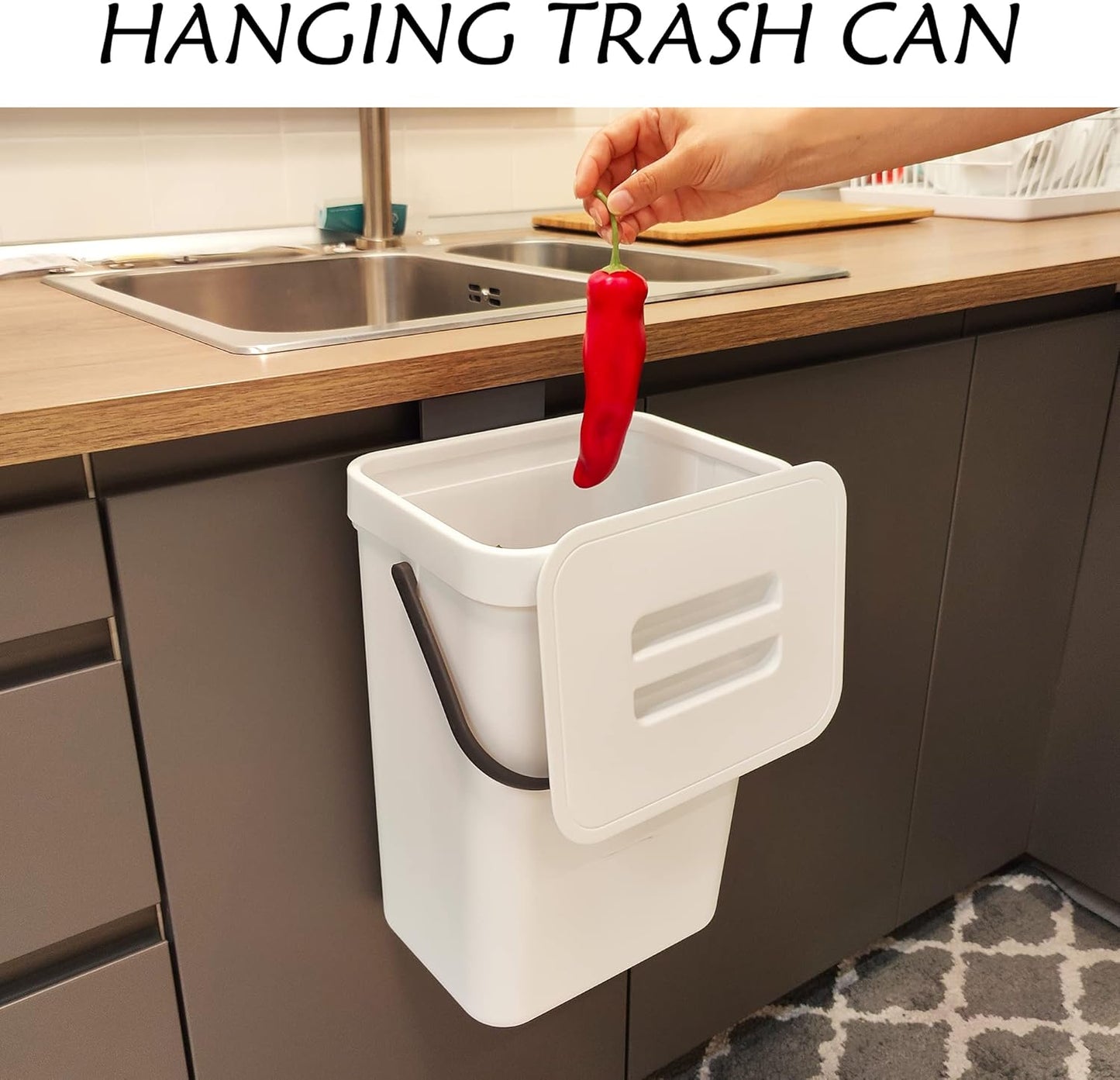 stonespace Hanging Trash Can, 3.2 Gallon/12L Small Waste Bin with Lid for Kitchen Cabinet Door or Under Sink, Bathroom Trash Bin with Lid, Food Waste Bin, 1 Pack White-VerdiqueGarden