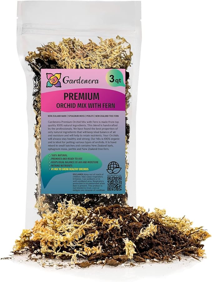 Premium Orchid Mix by GARDENERA | Fern + New Zealand Pine Bark + Sphagnum Moss + Perlite | Best for Growing and Repotting Orchids - 3 Quart Bag-VerdiqueGarden
