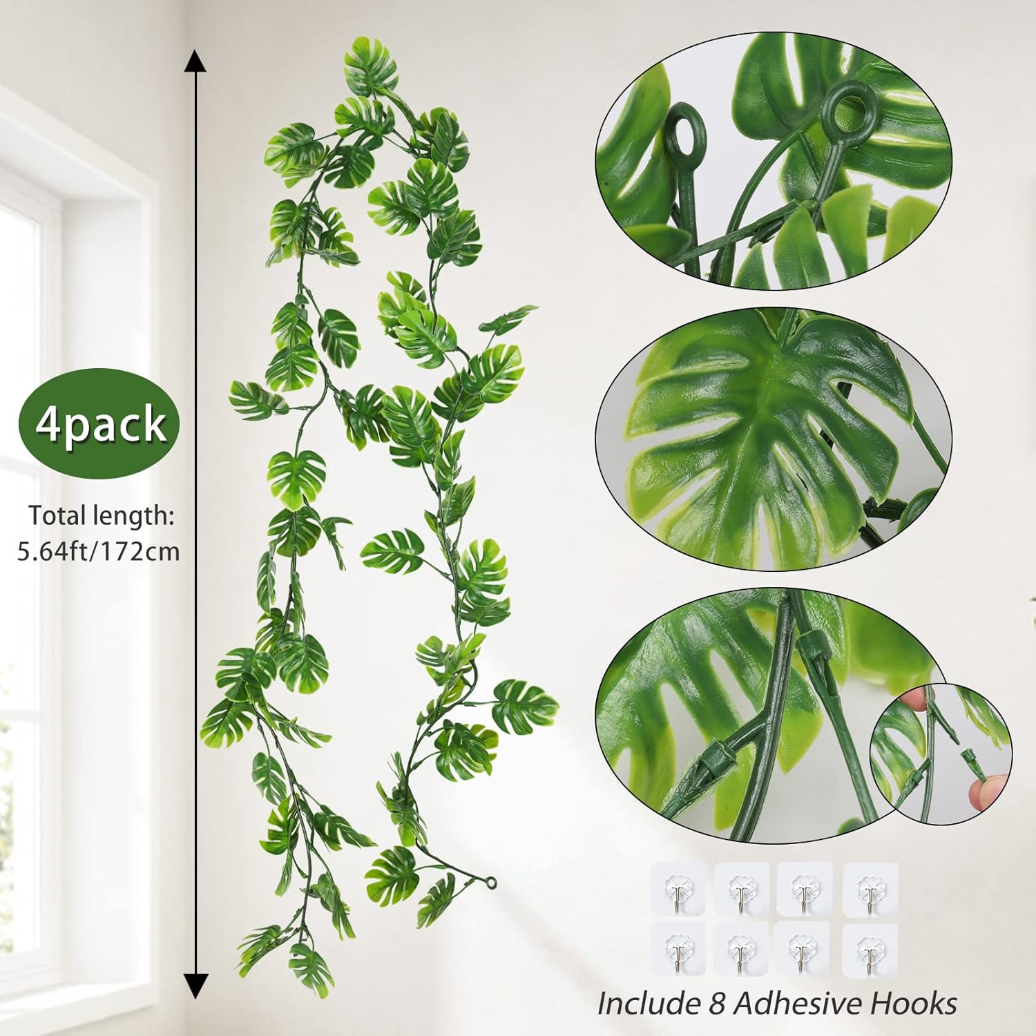 RECUTMS 4Pcs Artificial Monstera Leaves Vines, 5.9FT Fake Hanging Plant Ivy Faux Tropical Palm Leaf Greenery Garland for Garden Porch Patio Jungle Luau Beach Birthday Party Indoor Outdoor Spring Décor-VerdiqueGarden