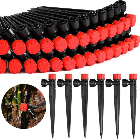 100 Pcs Drip Irrigation Emitters for 1/4'' Irrigation Tubing Adjustable Water Flow Drip Emitters with Stake Drip Irrigation System Irrigation Drippers with 360 Degree Sprayer for Garden Patio-VerdiqueGarden