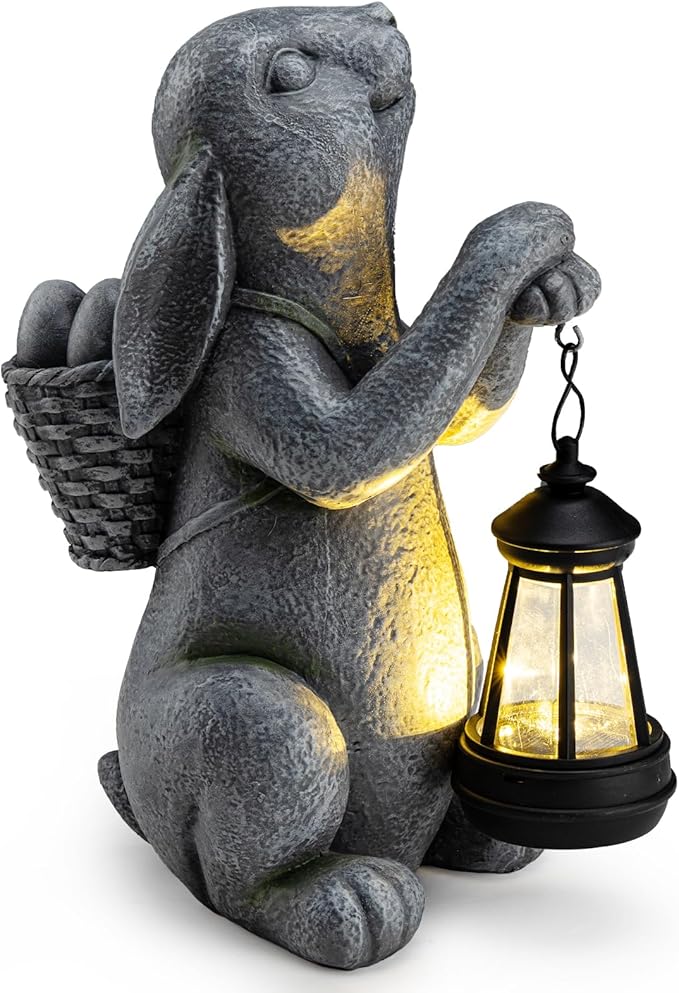 Solar Garden Outdoor Statues Rabbit with Solar Lantern,Outdoor Bunny Figurines Decorations,Lawn Decor Bunny Statue for Patio, Balcony, Yard Ornament,Unique Housewarming and Easter Gifts-VerdiqueGarden