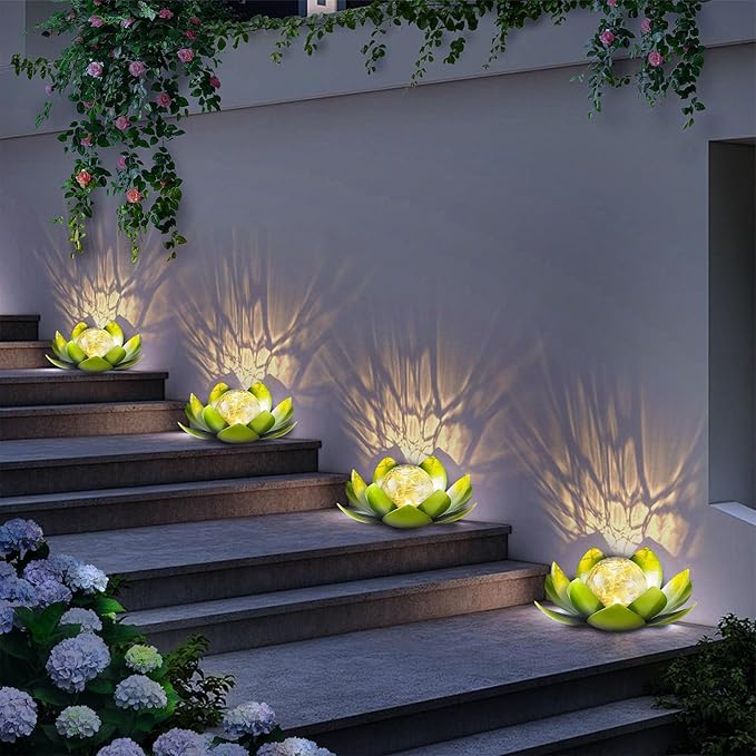 Huaxu Solar Lights Outdoor Garden Decoration Crackle Globe Glass Waterproof LED Metal Green Lotus Flowers Gift for Mom,Women,Patio,Lawn,Walkway,Tabletop,Ground-VerdiqueGarden