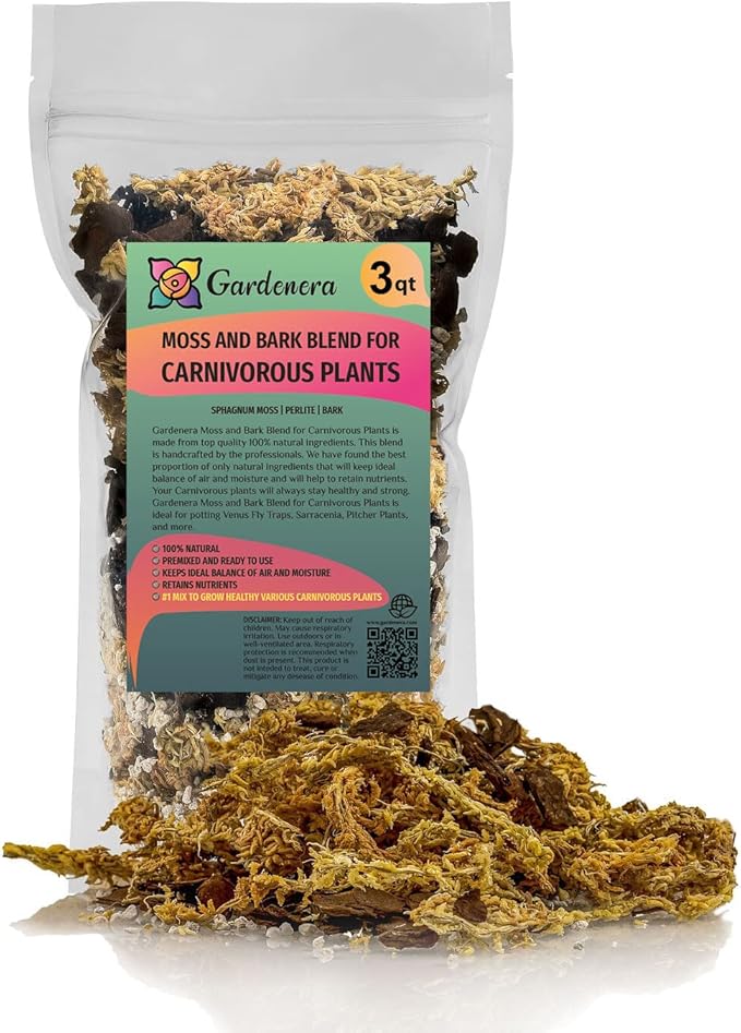 Premium Sphagnum Moss, Perlite and New Zealand Pine Bark Blend for Carnivorous Plants - Perfect for Venus Fly Traps, Pitcher Plants, Sarracenia, Butterworts, and Sundews by GARDENERA - 3 Quart Bag-VerdiqueGarden