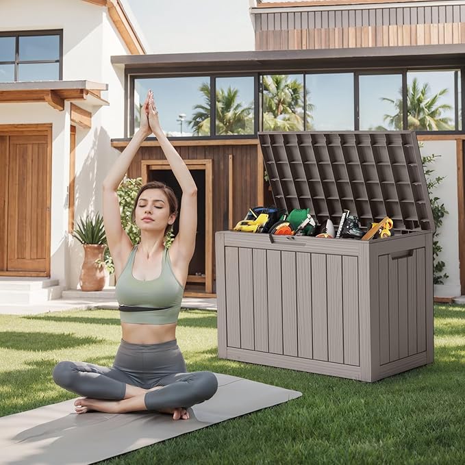 DRATO 45 Gallon Deck Box, Outdoor Storage Box for Patio Furniture, Patio Cushions, Gardening Tools, Pool Supplies 480lbs Weight Capacity,Waterproof Resin Storage Boxes-VerdiqueGarden