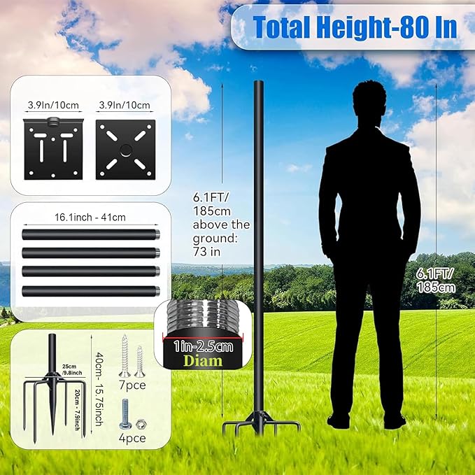 QwayHome【New Upgrade】 80In Smart Bird House Poles, 1Inch Dia Poles, Outdoor Bird Feeder Pole Mount Kit for Smart Bird Feeder & Wooden Birdhouse & Weather Station, Heavy Duty, Adjustable, 5-Prong Base-VerdiqueGarden