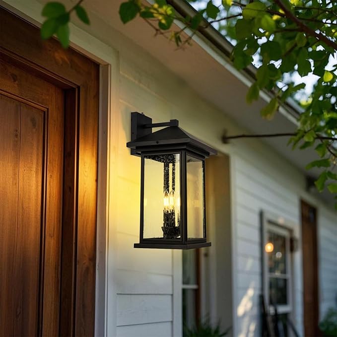 Extra-Large Outdoor Wall Sconce, Wall Lantern, Wall Light with Tempered Clear Seeded Glass, Matte Black Finish for Outdoor-VerdiqueGarden