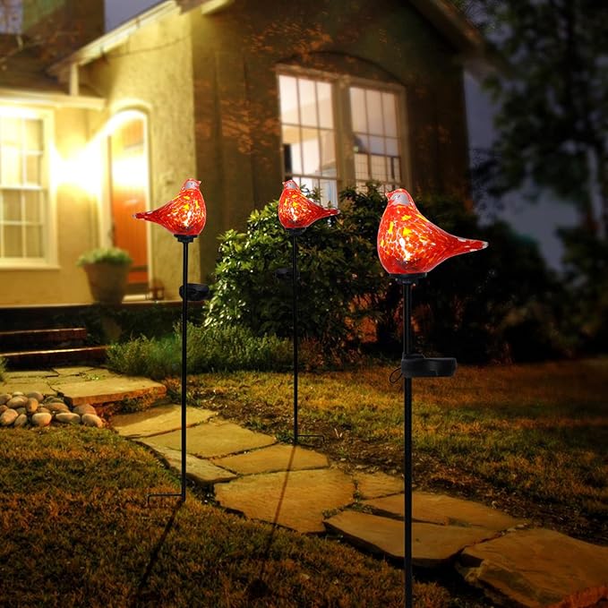 Afirst Solar Outdoor Lights - Decorative Solar Stake Lights Cardinal Handblown Glass Garden Stakes, Waterproof for Pathway Decoration, 2 Pack-VerdiqueGarden
