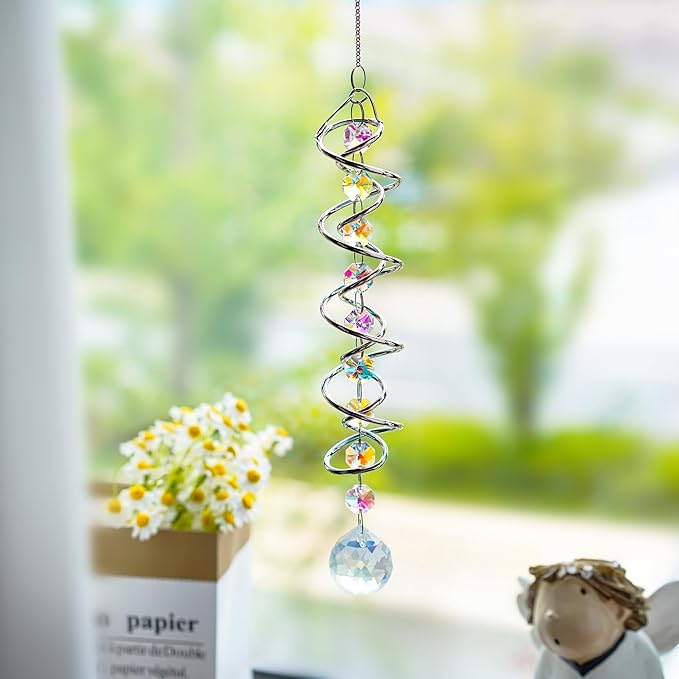 H&D HYALINE & DORA 17.7in Crystal Sun Catcher,Colorful Hanging Suncatcher with Octagonal Beads and Chain,Gazing Ball Spiral Tail,Rainbow Crystals for Indoor Outdoor Garden Decoration-VerdiqueGarden