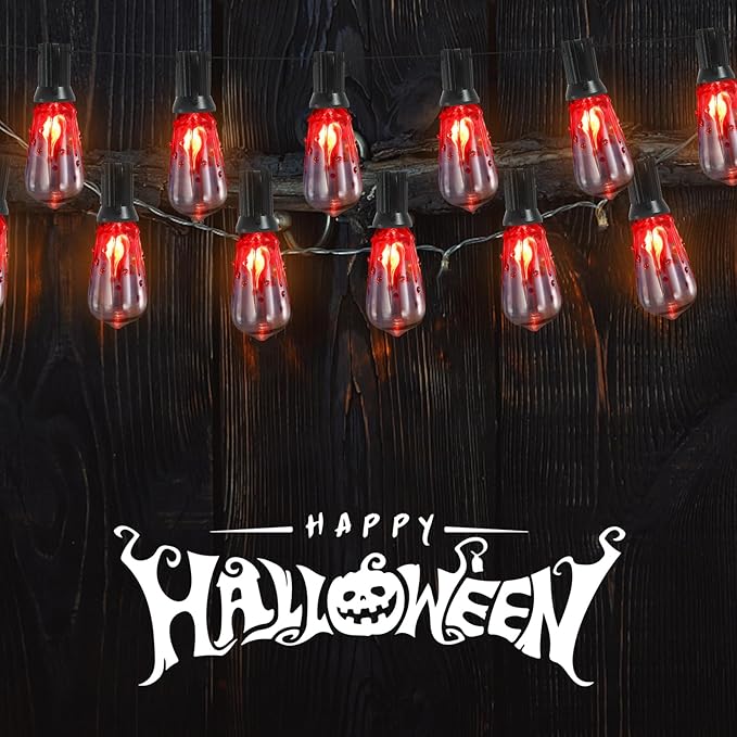 10FT Halloween String Lights Outdoor with 11 ST40 Flame Bulbs (1 Spare), Plug in Halloween Flaming Blood Drop Light Strings UL Listed for Patio, Backyard, Halloween, Party Decoration, E17 Base-VerdiqueGarden