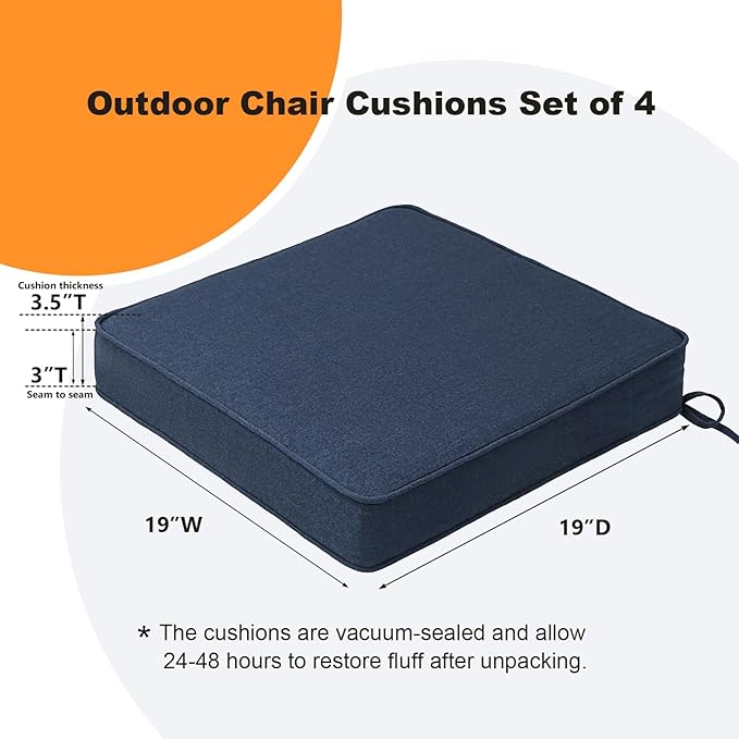 Sunbrella Square Corner Seat Cushions, 19" x 19" x 3", Set of 4, Indoor Outdoor Water Repellent Universal Chair Pads with Ties for Patio Furniture, Garden Dining Chairs, Specrtum Indigo-VerdiqueGarden