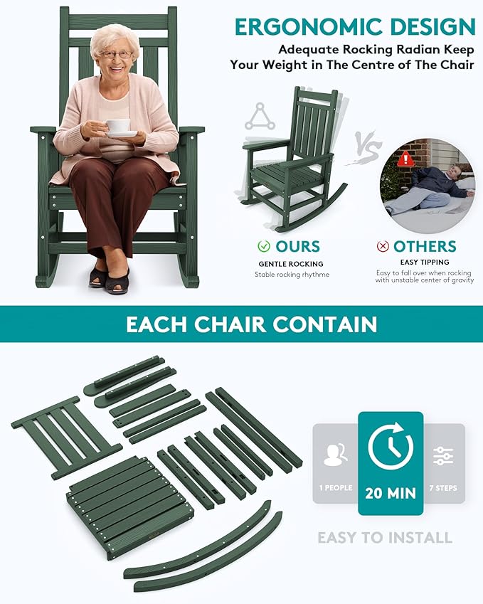 SERWALL HDPE Rocking Chair, Outdoor Rocking Chair for Adults, All Weather Porch Rocker for Lawn Garden, Green-VerdiqueGarden