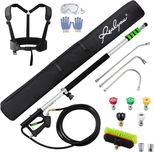 Realyou 24 FT Pressure Washer Telescoping Wand with Pressure Washer Extension Wand, Gutter Cleaner Tool, 5 Spray Nozzle Tips, 2 Hose Adapters, Support Belt and Bursh Head-VerdiqueGarden