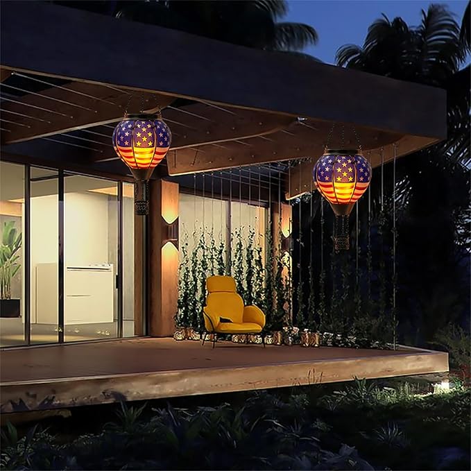 Hot Air Balloon Solar Lantern Outdoor - Flame Hanging Solar Light Waterproof Lanterns for Patio Garden Yard Farmhouse Decor, Great Gift(Flag)-VerdiqueGarden