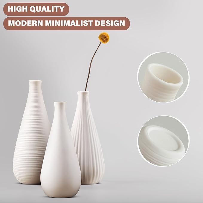 White Vases Home Decor Modern Ceramic Decorative Vases for Home Decor, Flower Vases & Centerpiece, Minimalist Design Set of 3-VerdiqueGarden