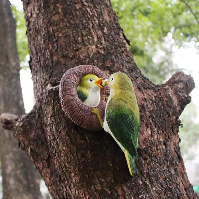 Mom and Baby Hummingbird Tree Hugger, Resin Bird Figurines Art Sculpture, Hanging Garden Statue Tree Peeker Ornament for Patio Lawn Porch Yard Outdoor Decorations-VerdiqueGarden