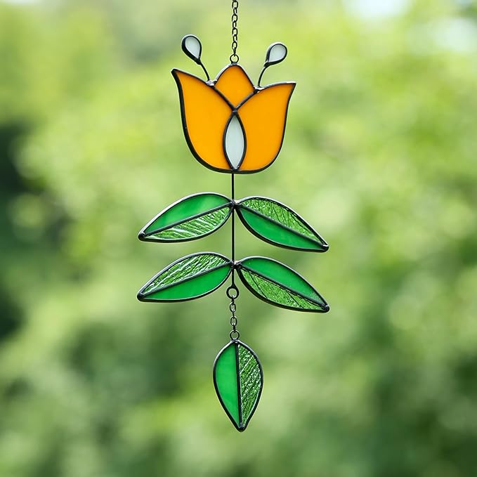 Tulip Stained Glass Suncatcher, Valentines Day Gifts, Folk Flower Stained Glass Window Hanging Sun Catcher, Retro Home Decor, Window Decorations for Plant Lovers, 9.4" x 4.7"-VerdiqueGarden