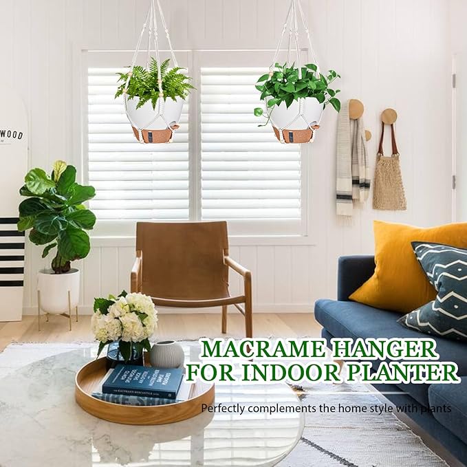 10 Inch Hanging Planters for Indoor Plants, 2 Pack Self Watering Hanging Baskets Flower Pots with Drainage Hole, Visual Reservoir & 2 Kinds of Plant Hanger for Outdoor Garden Home Decor-VerdiqueGarden