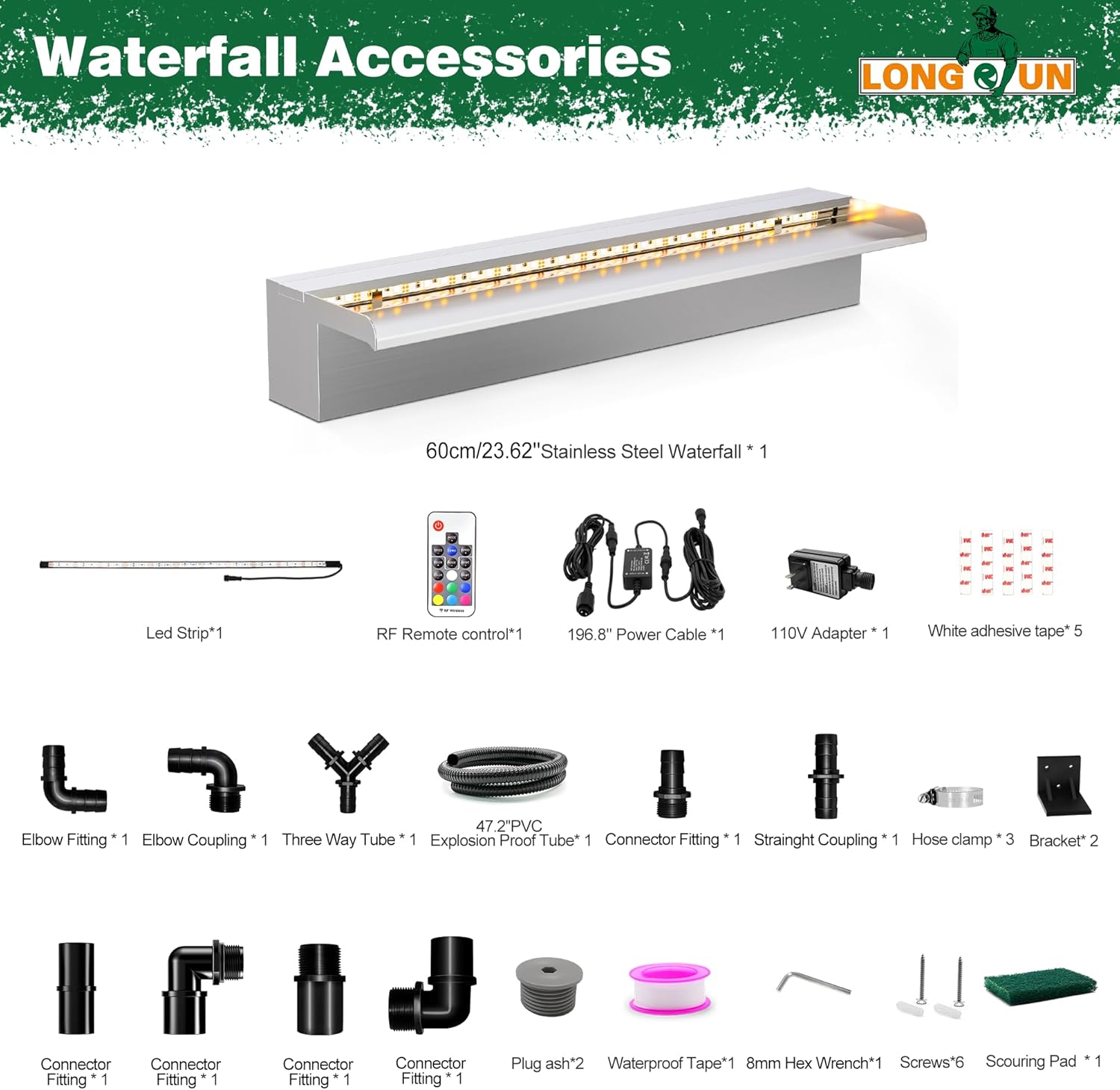 LONGRUN Waterfall Pool Fountain, Updated 5.9'' Wider Open Lip Stainless Steel Waterfall Spillway, Decorative Water Feature for Swimming Pools, Koi Ponds, Spa & Garden - 23.6''-VerdiqueGarden