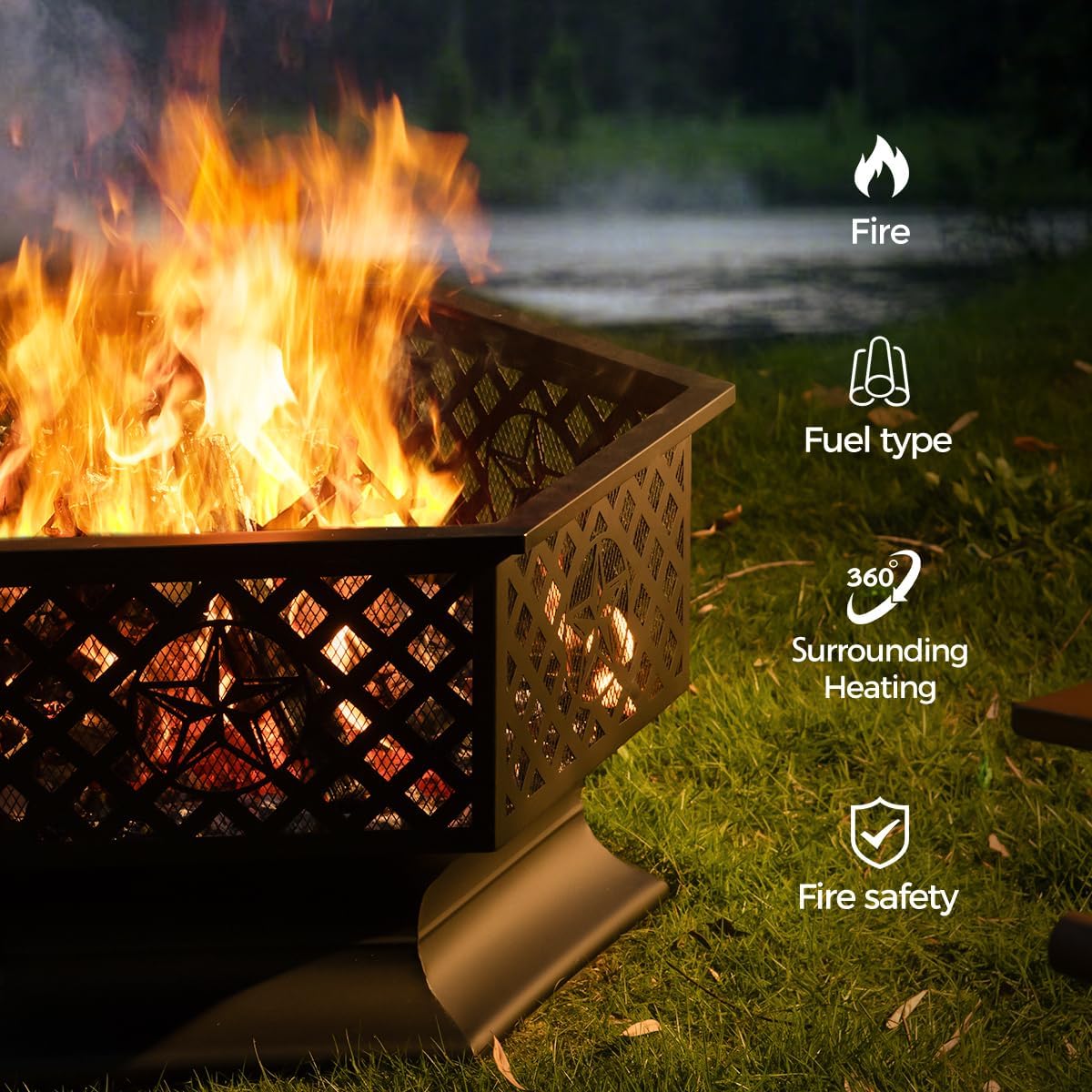 33 Inch Outdoor Fire Pit, Hexagon Shaped Wood Burning Fire pits for Outside, Metal Firepit with Fire Poker&Mesh Cover for Bonfire, Patio, Yard, Garden,Beach and Camping (33'' Black)-VerdiqueGarden