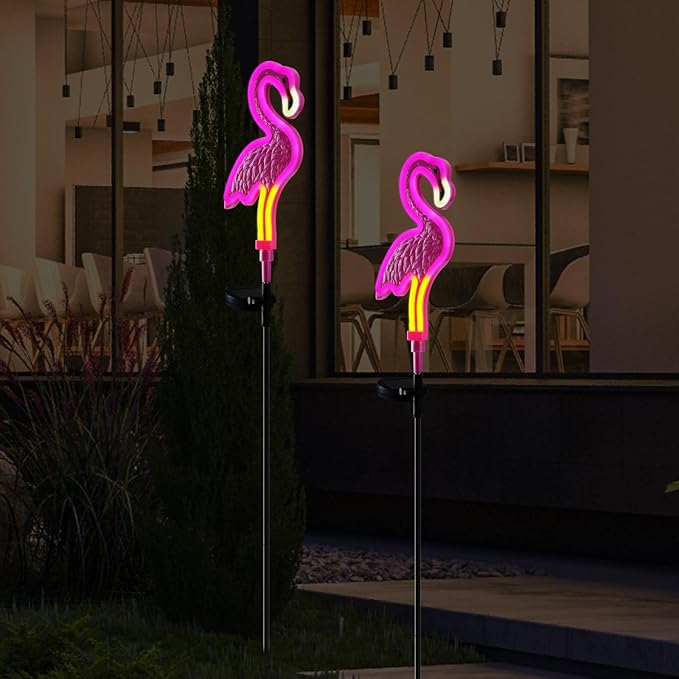 Flamingo Solar Lights Outdoor Decor,Solar Pink Flamingos Outdoor for Yard Decorations, Pink Neon Solar Flamingo Garden Lights for Outside,Pathways,Patio, Lawn, or Landscaping Decor(2Pack)-VerdiqueGarden