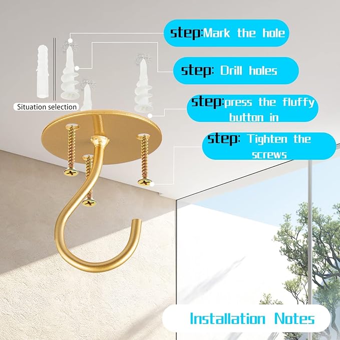 Ceiling Hooks for Hanging Plants- Metal Heavy Duty Wall Mounted Hangers for Hanging Bird Feeders, Planters, Wind Chimes, Include Professional Drywall Anchors (5 Pack) (Bright Gold)-VerdiqueGarden