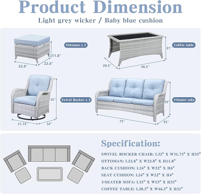 Wicker Outdoor Furniture Patio Furniture Set - 6 Piece Patio Conversation Set with Swivel Rocker Chairs, Rattan Sofa, Ottomans and Coffee Table, Baby Blue Cushion-VerdiqueGarden