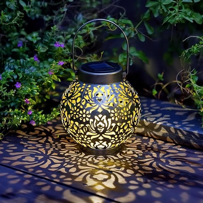 Set of 2 Outdoor Solar Hanging Lantern Lights Metal LED Decorative Lamp for Garden Patio Courtyard Lawn and Table with Hollowed-Out Design (Antique Bronze)-VerdiqueGarden