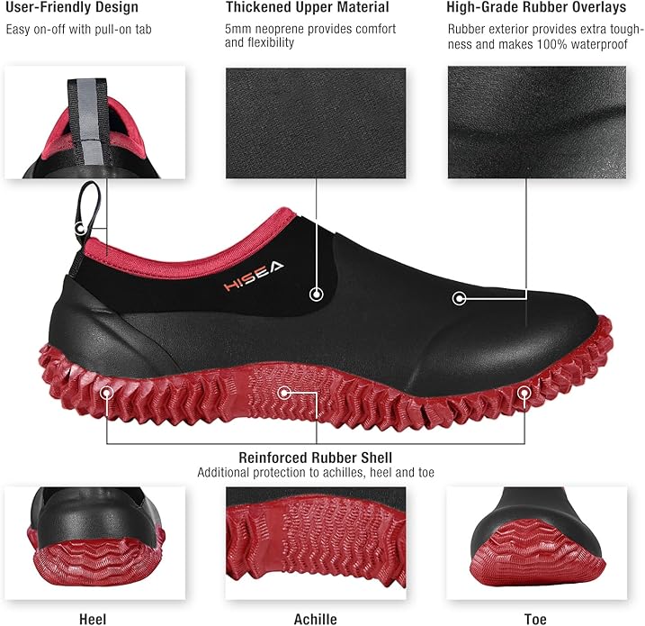 HISEA Unisex Waterproof Garden Shoes, Men's Rubber Rain Boots Women's Ankle Rain Shoes Neoprene Camp Booties Outdoor Slip-On Footwear for Gardening, Farming, Camping, Car Wash, Lawn Care and Yard Work-VerdiqueGarden