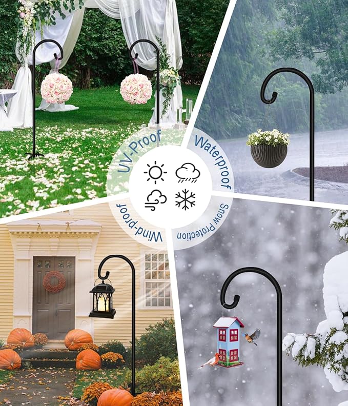 108 inch Outdoor Shepherd Hook with 5 Prong Base (2 Packs), Adjustable Heavy Duty Garden Hanging Stake for Bird Feeder Solar Light Plant Hanger Wedding Decor, Matte Black-VerdiqueGarden