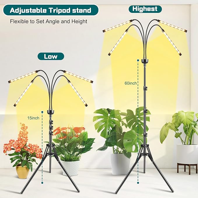 Grow Lights for Indoor Plants Full Spectrum with 15-63 inches Adjustable Tripod Stand Plant Light with 4/8/12H Timer with Remote Control-VerdiqueGarden