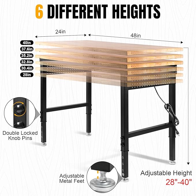 48" L×24”W Adjustable Workbench, 28”-40”Heights Heavy Duty Table 2000 LBS Load Capacity, Work Bench with Power Outlet & Pegboard, Rubber Wood Work Table for Garage, Office, Workshop, Home-VerdiqueGarden