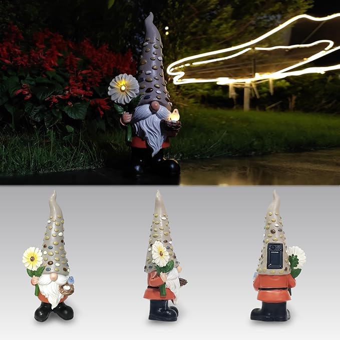 12 Inch Solar Garden Gnome Statue Clearance with Sunflower and Bird's Nest Light – Outdoor High Hat Gnome Sculpture Outdoor Statue for Patio and Garden Decor – Figurine Gift for Gnome Lovers-VerdiqueGarden