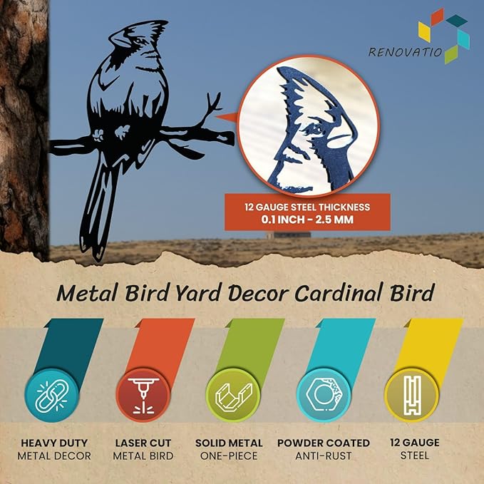 Renovatio Metal Bird Decor – Stylish Decoration for Yard & Garden – Perfect Outdoor Yard Art – 12 Gauge Thick Steel – Ideal Backyard Decor & Bird Ornaments – Cardinal Bird (Black)-VerdiqueGarden