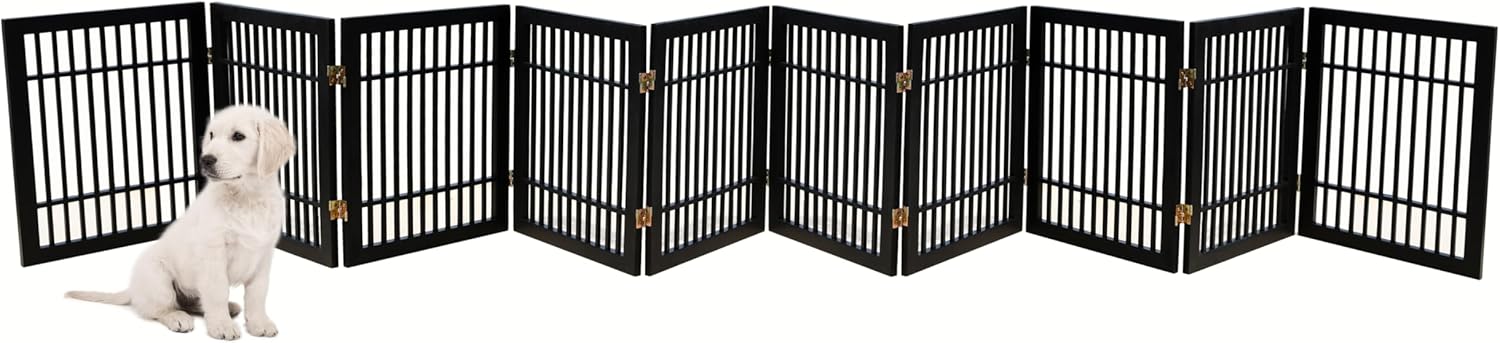 Pet Dog Gate Strong and Durable Freestanding Folding Acacia Hardwood Portable Wooden Fence Indoors or Outdoors by Urnporium (Black Pet Gate, 10 Panel 24" Tall)-VerdiqueGarden