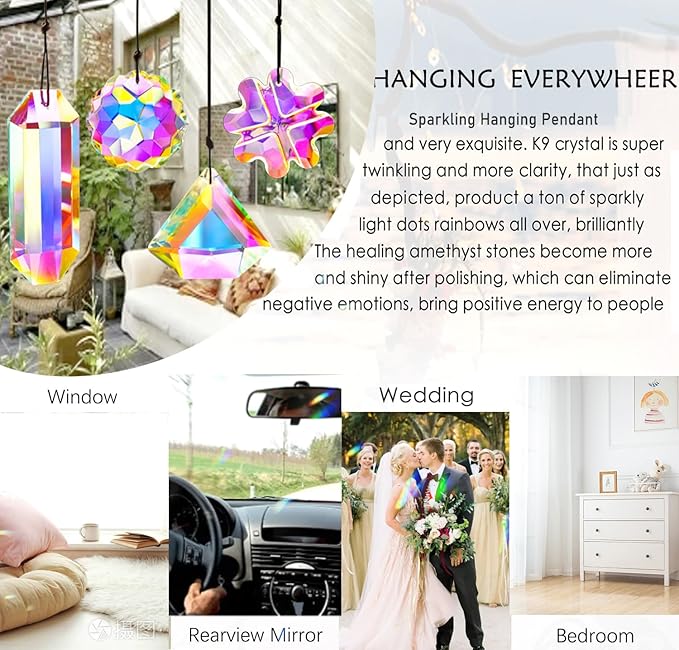 4PCS Colorful Crystal Prism Pendant Suncatcher Hanging Crystal Decor for Home Indoor Outdoor Car Making Rainbows-VerdiqueGarden
