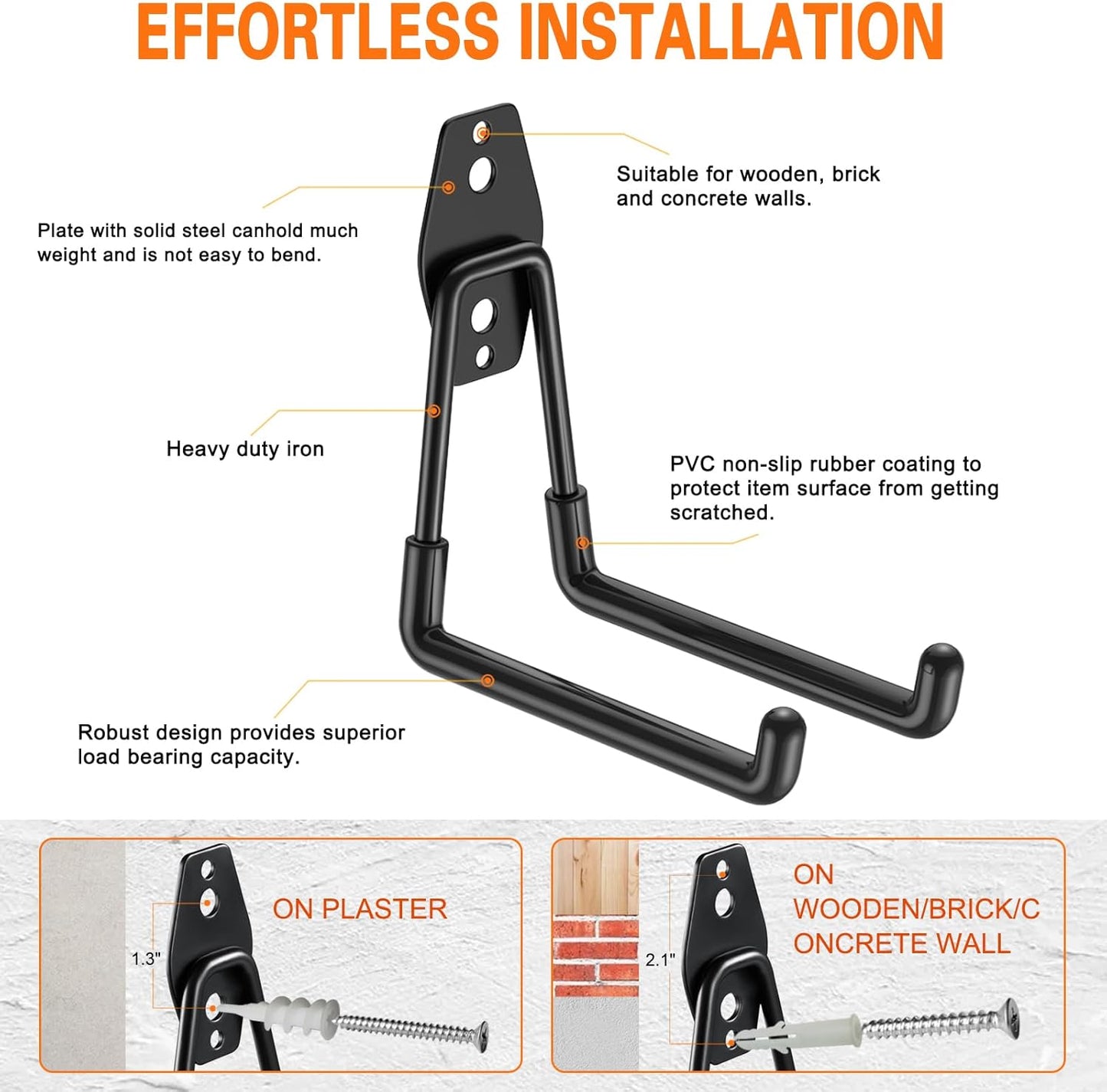 Heavy Duty Garage Hooks 8 Pack, 7.7 inch U Shaped Long Hanger, Wall Mounted Storage System, Power and Garden Tool Organizer, for Hanging Ladders, Bikes, Hose, Bulk Items and More-VerdiqueGarden