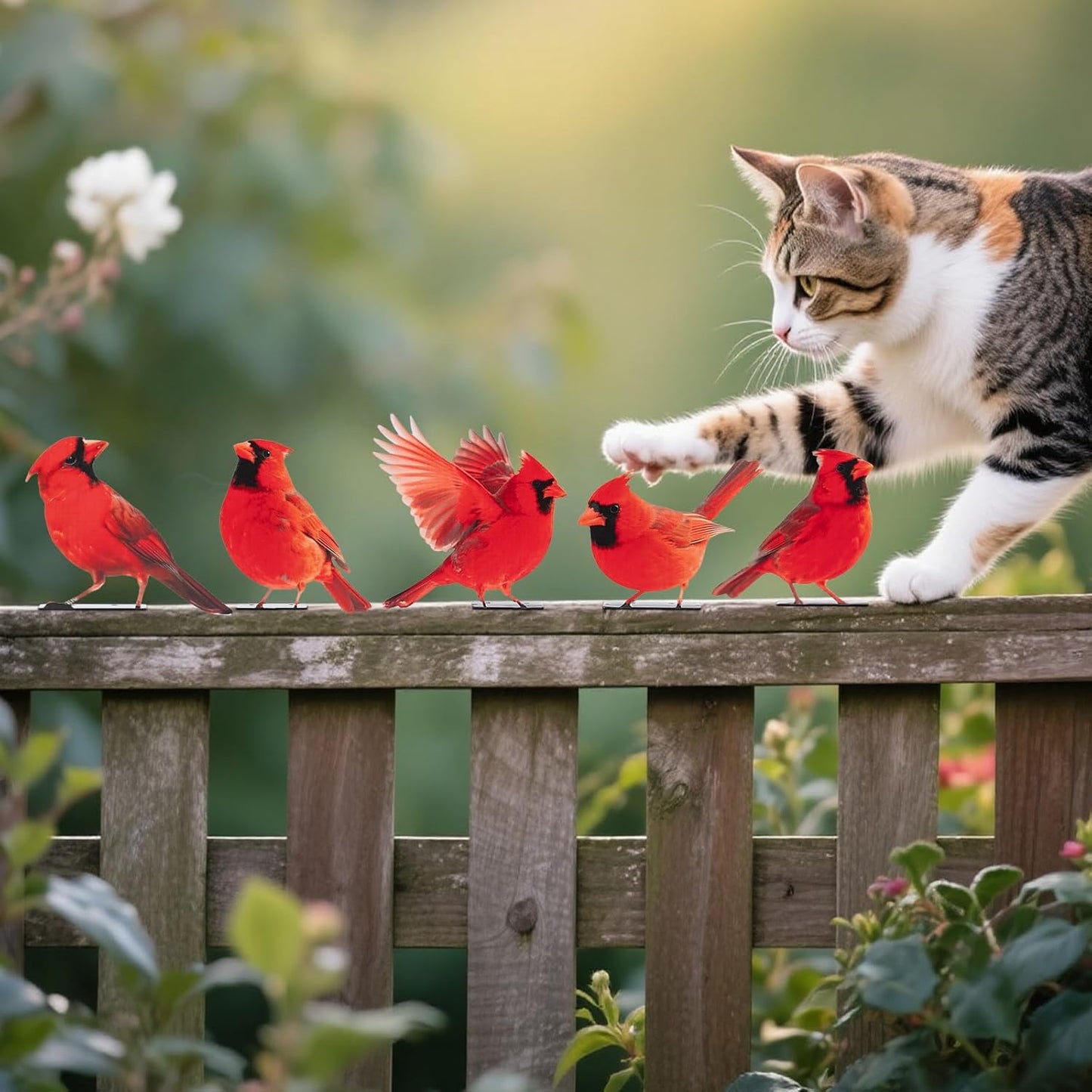 HUYIENO 5PCS Vivid Metal Birds Fence Decor Color Painted Outdoor Garden Natural Bird 2D Sculptures for Outdoor Fences, Patio, Garden and Bird Lovers (Cardinal)-VerdiqueGarden