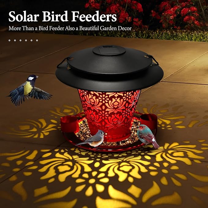 Solar Bird Feeders for Outside Hanging Metal Wild Bird Feeder Solar Lanterns Outdoor Waterproof Garden Decor for Yard red-VerdiqueGarden
