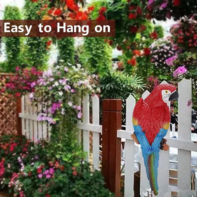 Parrot Decor Tiki Decorations for Outside Patio, Large Realistic Parrot Statues for Pool Deck Garden Yard Lawn, Lifelike Bird Sculpture Tropical Animal Figurines for Tree Wall Decor(Red)-VerdiqueGarden