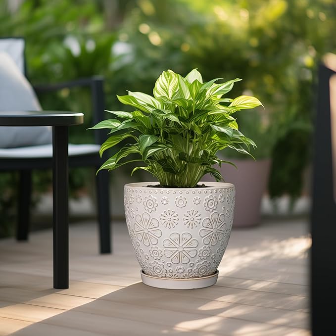 10 Inch Ceramic Planter Pot Large Plant Pot for Indoor Plants Outdoor Round Flower Pot with Drainage Hole and Saucer for Home Garden Decor White-VerdiqueGarden