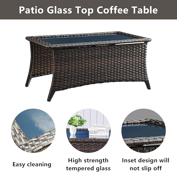 Wicker Patio Furniture Sets - 13 Piece Outdoor Rattan Furniture Conversation Sets with 4 Swivel Rocker Chairs, 2 Rattan Sofas, Wicker Ottomans and Coffee Table, Brown/Blue-VerdiqueGarden