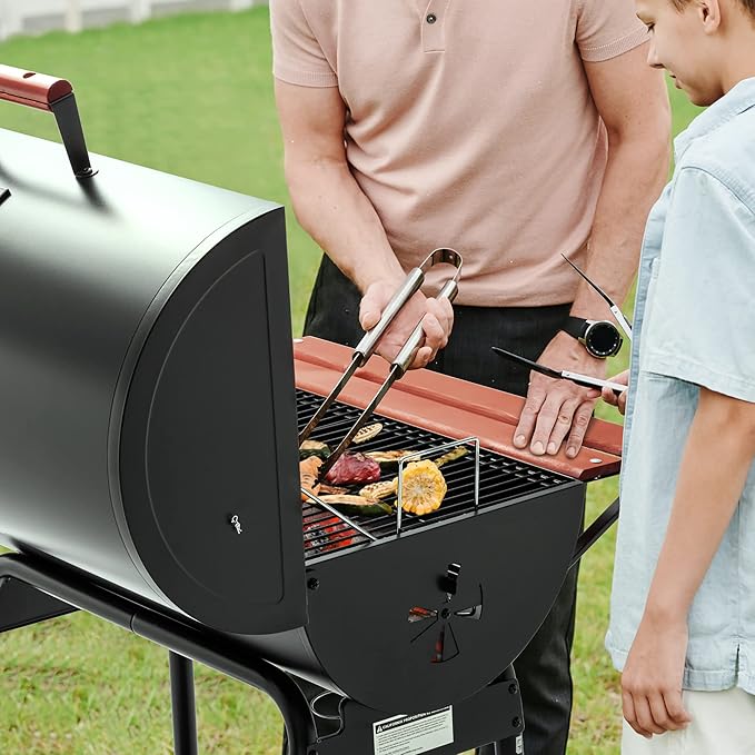 Royal Gourmet CC1830V 30 Barrel Charcoal Grill with Wood-Painted Side Front Table, 627 Square Inches Cooking Space, for Outdoor Backyard, Patio and Parties, Black-VerdiqueGarden