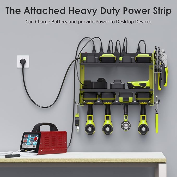 CCCEI Set Power Tool Organizer Wall Mount with Charging Station. Garage 4 Drill Storage Shelf with Hooks, Heavy Duty Metal Tool Battery Charger Organizer. Shop Utility Rack with Power Strip Green.-VerdiqueGarden