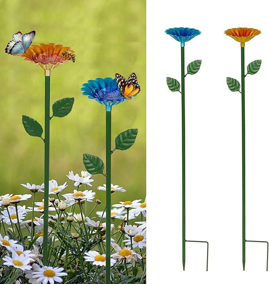 2 Pack Bee Watering Station,Bee Bath for Garden Metal Bee Water Feeder with Flower Design, Colorful Butterfly Bee Bath Bowl for Outdoor Garden Yard Decor (Blue,Yellow)-VerdiqueGarden