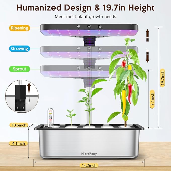 Hydroponics Growing System Herb Garden - HidroPony 15 Pods Indoor Gardening System with Grow Light, Stainless Steel Plants Germination Kit with Quiet Pump System, Gardening Gifts for Women-VerdiqueGarden
